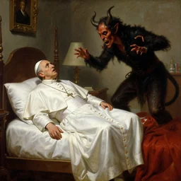 the pope is in his bedroom, scared because a horned demon is attacking him. highly detailed painting by gaston bussiere, greg rutkowski, craig mullins 8 k