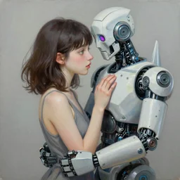hyper realistic detailed painting of girl and robot romantic couple, in the style of sorayama