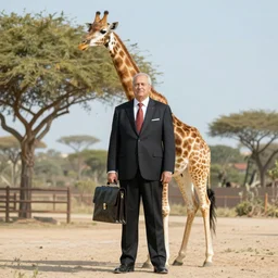 a giraffe wearing a suit and holding a briefcase