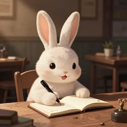 a cute cartoon rabbit happily sitting at a table and writing on a notebook, Hergé