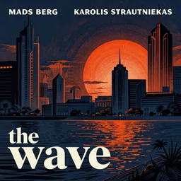 the wave by mads berg, karolis strautniekas, film noir, stippled light, dramatic lighting, editorial illustration, detailed, fine texture, matte print, art deco, brutalism, dark blue + dark orange, red, black, ( ( habitat 6 7 background ) )