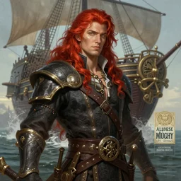 an epic fantasy comic book style portrait painting of a long haired, red headed male sky - pirate in front of an airship, character sheet, deep focus, d & d, fantasy, intricate, elegant, highly detailed, digital painting, artstation, concept art, matte, sharp focus, illustration, hearthstone, art by artgerm and greg rutkowski and alphonse mucha.
