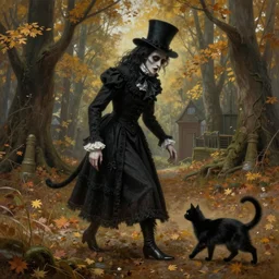 wide long shot of a victorian ghoulish with walking with black cat. a fall day. hyperrealistic, highly detailed, intricate, smooth, fantasy painting by greg rutkowski and tim hildebrandt