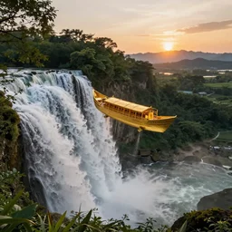 A golden ship falling from a very high waterfall at sunset, forests and mountains in the distance, award winning photograph