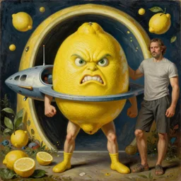 renaissance grotesque full body portrait painting of angry crossfit lemon with a face in a lemon themed spaceship going to a lemon portal, superior, character redesign by lee bermejo and greg rutkowski and alphonse mucha