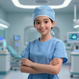 A proud and happy Afghan girl working as a surgeon in a futuristic hospital, digital art, unreal engine 5, cinema4D, octane render, Detailed, cinematográfic
