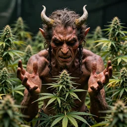 the devil spreads his hands against the background of growing cannabis. realistic rendering