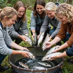 a group of women feasting on trouts