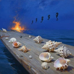 breathtaking detailed soft painting of a plank in the sea with electrical seashells, black seahorse swarm, ultramarine skies and burning delta, elegant, highly detailed, artstation, concept art, matte, sharp focus, art by tom bagshaw, and greg rutkowski
