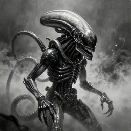 ultra realist soft painting of a single xenomorph so scary one glance is enough to drive a man insane, tentacles, eyes, very intricate details, ultra dense fog, golden ratio, volumetric black and white lighting, reflections, refractions, symmetry accurate anatomy features, unreal render