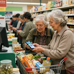 old wrinkled couple at the cashier in a grocery shop, paying using their smartphones, smartphone displays a qr code, shopping cart overflowing with groceries, long queue behind them, stock photo, illustration photo by steve mccurry