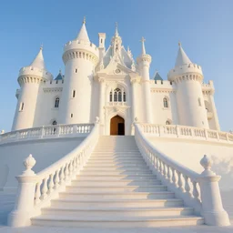 pure white classical staircase and castle, blue sky, soft light, painted by james gurney, greg rutkowski, by craig mullins, frederic leighton, very romantic, beautiful textures, golden hour lighting, details, hd, 4 k, 8 k