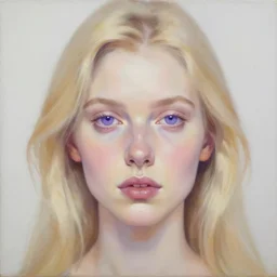 a symmetrical portrait of a blonde woman with purple eyes, oil painting, pale colors, high detail, 8 k, wide angle, trending on artstation,