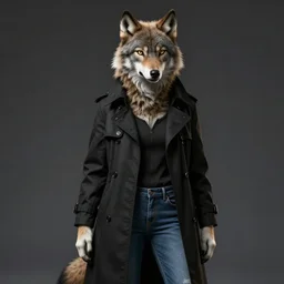 female anthropomorphic wolf dressed in a buttoned up black trench coat and jeans hyper detailed and intricate hyper maximalist hyper realistic photorealistic highlights and shadow ray traced ultra - hd 3 2 k post - processing super high resolution