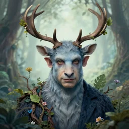 portrait of benjamin netanyahu as a magical forest critter, antlers, branches, leaves, flowers, grey - blue skin, by brian froud