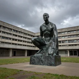 boris johnson, henry moore sculpture, in a brutalist landscape, wide angle