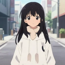 anime visual, portrait of a young black haired girl wearing hoodie on the detailed city street background, one person, cute face by yoh yoshinari, katsura masakazu, studio lighting, full body shot, strong silhouette, zoom out, ilya kuvshinov, cel shaded, crisp and sharp, rounded eyes, bright daylight
