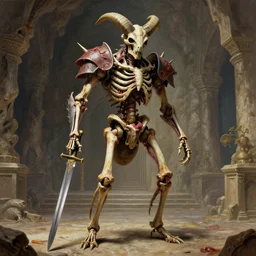 A spiked horned humanoid ant skeleton with armored joints stands in a large cavernous throne room with sword in hand. Massive shoulderplates. Extremely high detail, realistic, fantasy art, solo, masterpiece, bones, ripped flesh, saturated colors, art by Zdzisław Beksiński, Arthur Rackham, Dariusz Zawadzki
