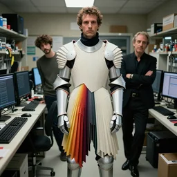 a paladin wearing issey miyake armor in a computer shop, portrait, fashion photography, by mario testino, davide sorrenti, jemal shabazz