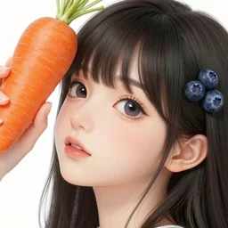the head of an incredibly cute and elegant japanese girl partially made of carrots and blueberries looking up, an ultrafine detailed illustration by james jean, final fantasy, intricate linework, bright colors, behance contest winner, vanitas, angular, altermodern, unreal engine 5 highly rendered, global illumination, radiant light, detailed and intricate environment
