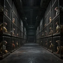 very empty very dark cargo hall and large corridors of huge huge space ship containing rows of cages with strange animals ultra detailed photorealistic rendering chiaroscuro painting