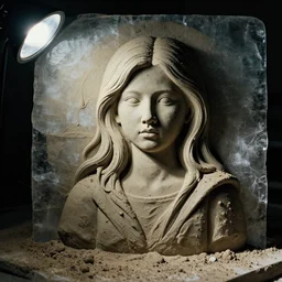 portrait of a girl made by wet clay filing drop, ice - carving, editorial photography, film grain, isometric, f / 2 2, low contrast, kodachrome, 3 - dimensional, 4 k, hsv, quaternary, 6 spotlight, nixie tube, matte, dirt, mud, clay
