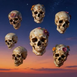 Floral skulls floating in starlit sunset sky, italian futurism, Dan Mumford, da vinci, Josan Gonzalez