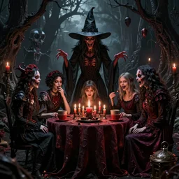 a witchcraft demonic version of a family gathering in hell, horrific, 8 k, octane render, volumetric lighting, hdr, hyperrealsitic, hieronymous bosch hr giger moebius yasushi nirasawa style