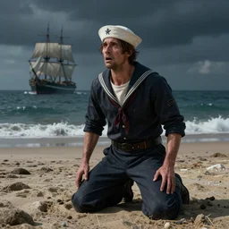 full body portrait of suffering sailor kneeling on a beach, looking with horror into the dark abys, sailingship far in the background, by greg rutkowski, octane render, unreal engine, 8 k highly detailed, intricate details, cinematic lighting