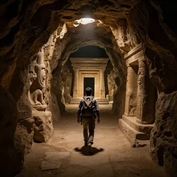 narrowly escaping a deadly trap, dimly lit underground dungeon, ancient tombs in the background, wide view, depth of field, adventurer