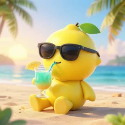 octane render of a chibi lemon head drinking a delicous caribbean drink, wearing sunglasses relaxing on a tropical beach at sunrise