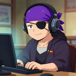 a korean pirate, wearing headphones and using a computer, trolling people on the internet. he only has one eye, wears a purple bandana, has an eye patch over his left eye, and is smiling. anime style