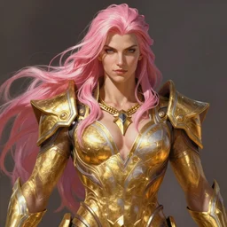 painted realist portrait of rugged sensual zarya from overwatch gold paint by ruan jia greg rutkowski, [ long pink hair ] clear face majestic muscular physique masculine powerful handsome robe fantasy intricate elegant detailed digital painting concept art artstation sharp focus illustration