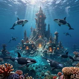 civilization underwater created by orcas, submerged city made with coral and rock by killer whales, fantasy sci fi