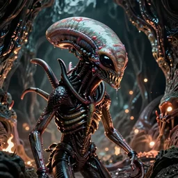 space alien, slimy, glossy, sharp teeth, by h. r. giger, beksinski, odyssey 2 0 0 1, nightmare fuel, nightmarish, intricate, highly detailed, optical illusion, stranger things demogorgon, cave lighting, flickering