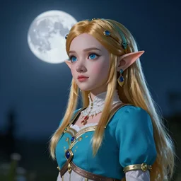 portrait of zelda under the moon in a romantic scene, fantasy style, octan render, ultra realistic, beautiful nightscene