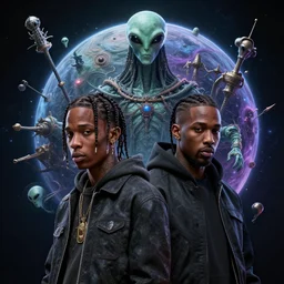 travis scott and yeat as space, gods, aliens, planet, voodoo, ghost, weapons, cosmic, india, masterpiece. rendered in blender, ultra realistic, smooth shading, ultra detailed, high resolution, cinematic, unreal 6, perfect face, cyberpunk, fine details, studio lighting, subtle shadows, art by katsuya terada, photorealism, hyper realism, octane render, hyper detailed, canon eos r 3, f / 1. 4, iso 2 0 0, 1 / 1 6 0 s, medium shot, 8 k, raw, unedited, in - frame,, - h 5 7 6