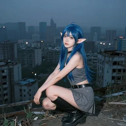 breathtaking photo of an attractive beautiful young asian elf woman with pointy ears and blue hair, wearing a miniskirt and knee-high boots, crouching in an endlessly sprawling hazy abandoned city at night, 8K