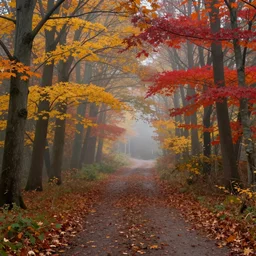 a hq beautiful digital glossy clear sharp of a detailed forest path with maple trees in autumn fog by james gurney, constrast 8 k resolution trending on artstation