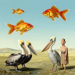 floating goldfish, pelicans and a human couple in an alien landscape by salvador dali and gerald brom, hyper realistic