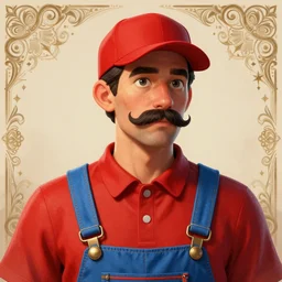highly detailed vfx bust shot of a man with a mustache wearing a red shirt, blue overalls, and a red cap, artstation, art by sam spratt, digital illustration, ornate details,