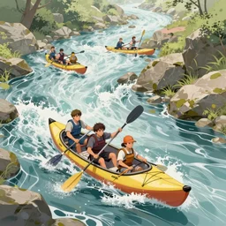 canoes on polygonal river rapids, light dust, magnificent, close up, details, sharp focus, elegant, highly detailed, illustration, by Jordan Grimmer and greg rutkowski and PiNe(パイネ) and 薯子Imoko and 香川悠作 and wlop and maya takamura, intricate, beautiful, Trending artstation, pixiv, digital Art