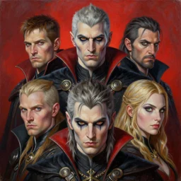 intricate five skyrim vampire portrait, oil on canvas, hdr, high detail, photo realistic, hyperrealism, surrealism, cinematic, matte finish, high contrast, 3 d depth, centered, masterpiece, vivid and vibrant colors, enhanced light effect, enhanced eye detail, artstationhd