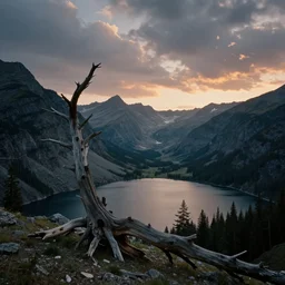 beautiful very old photo of a landscape of mountains with lake and a dead tree in the foreground by marc adamus, sunset, dramatic sky, 1 9 2 0, cool muted colors