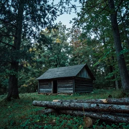 old cabin in a forest 4k autumn cinematic low angle trees lonely clear view logs overgrown pasture green blue tones