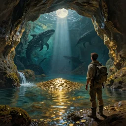 adventurer archeologist, observing membrane wall to ocean, sea - monster textured silhouettes, inside the wishing well cavern, piles of gold coins, shallow water, gold refractions off water, moonlight beam from above illuminates cavern, reflective clean water on cavefloor, slick wet walls, leaves cave, small flowing stream from wall, lichen patches, gold dappled lighting, movie poster painting