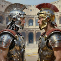stunning close - up painting of two cybertronic roman gladiators facing each other in a cyberpunk colosseum, sci - fi, by aivazovsky and noriyoshi ohrai