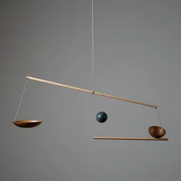 a type of kinetic sculpture constructed to take advantage of the principle of equilibrium. it consists of a number of rods, from which weighted objects or further rods hang. the objects hanging from the rods balance each other, so that the rods remain more or less horizontal. each rod hangs from only one string, which gives it the freedom to rotate about the string.