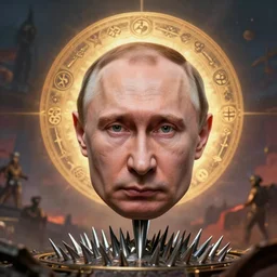 putin head on spike by jheronimus bosch, armageddon, hyper realistic, sharp focus, depth of field, hyper detailed visionary art, symmetric, magic symbols, holy halo, dramatic ambient lighting, high detail, vibrant colors,