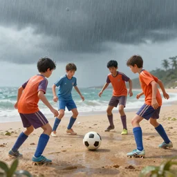 four boys playing soccer at a beach, raining, hyper detailed, digital art, trending in artstation, cinematic lighting, studio quality, smooth render, octane rendered, concept art, sharp focus, illustration, art by artgerm and greg rutkowski and wlop